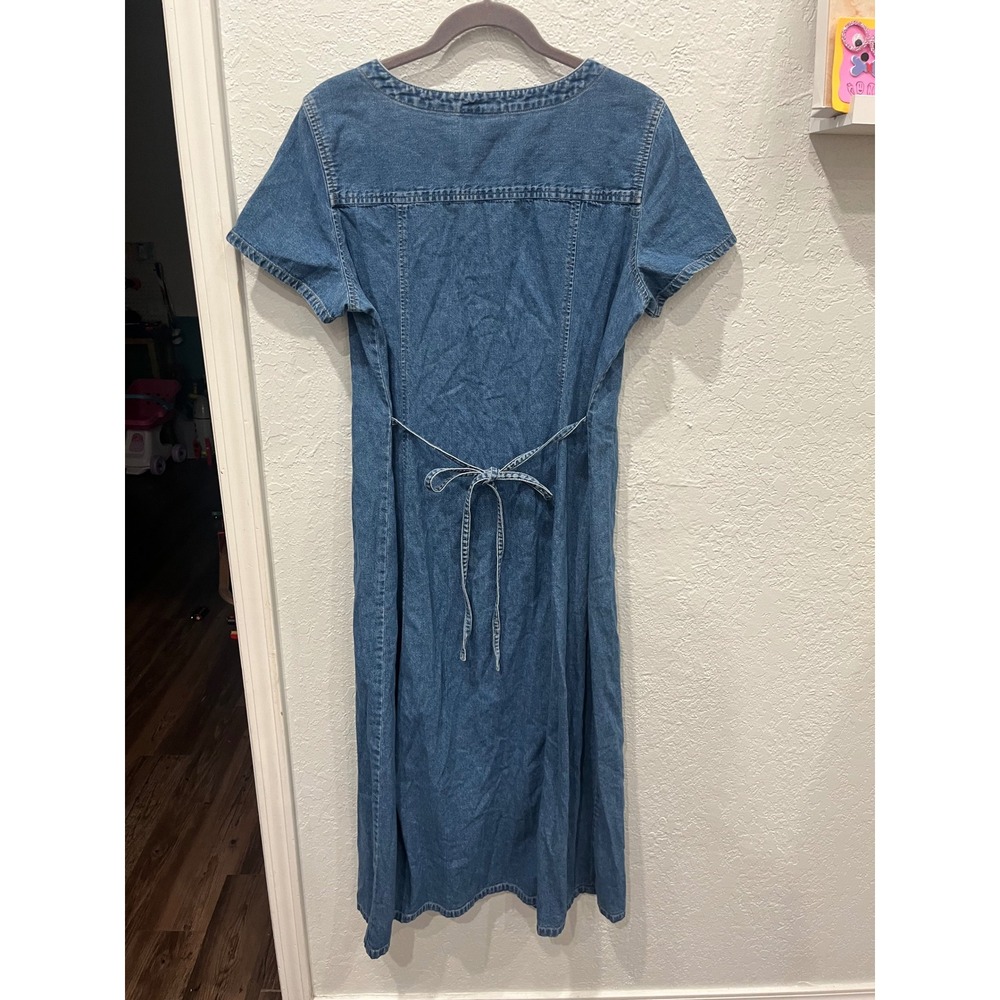 Crazy Horse Liz Claiborne Denim Maxi Dress XL Blue Cotton Button Front Tie Back - Picture 2 of 5